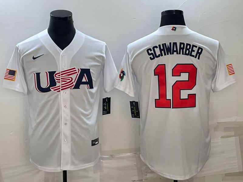 Men 2023 World Cub USA 12 Schwarber White Nike MLB Jersey10